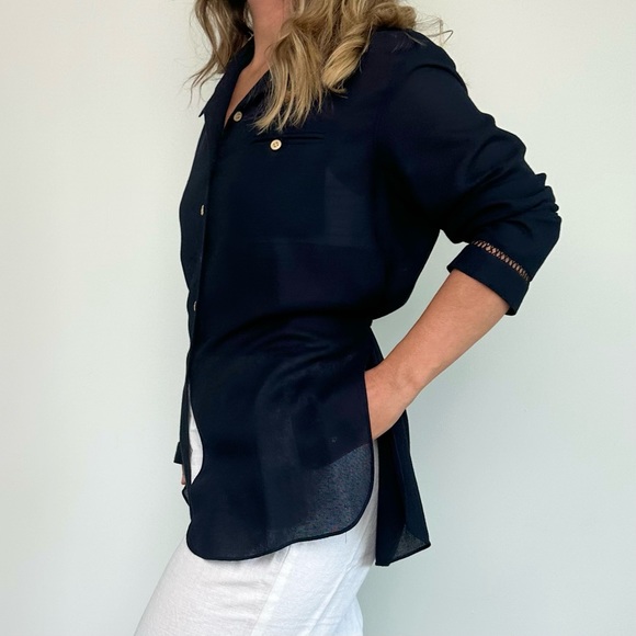 Vintage Liz Claiborne Navy Semi Sheer Old Money Button Down (S) - Picture 6 of 8